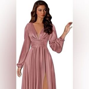 Pink Long Sleeve Gown with Slit and V-Neck for Wedding Guest